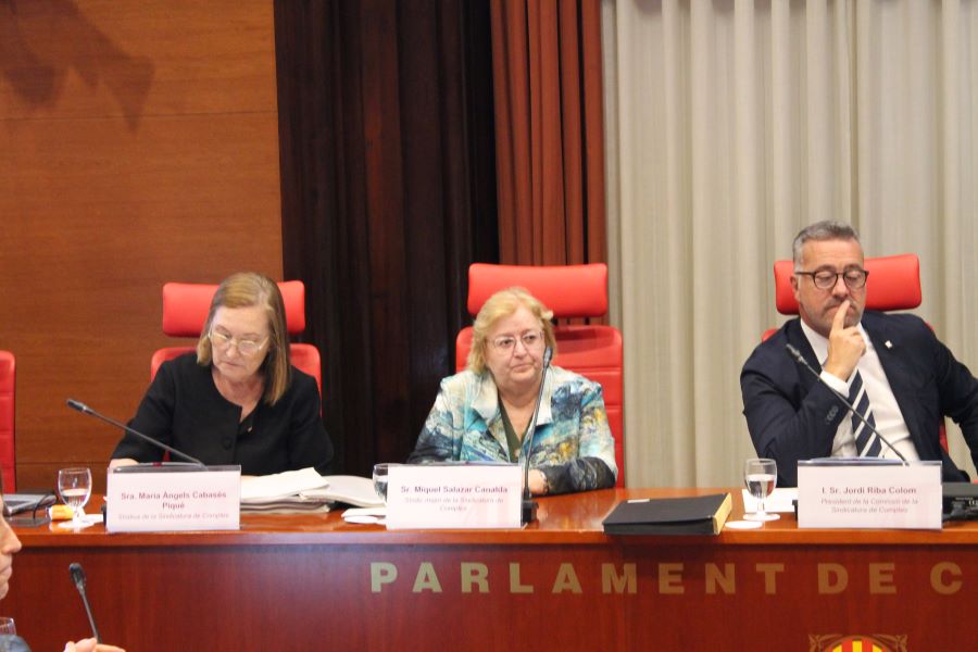 La síndica Llum Rodríguez, al centre, a la Mesa de la Comissió de la Sindicatura de Comptes.